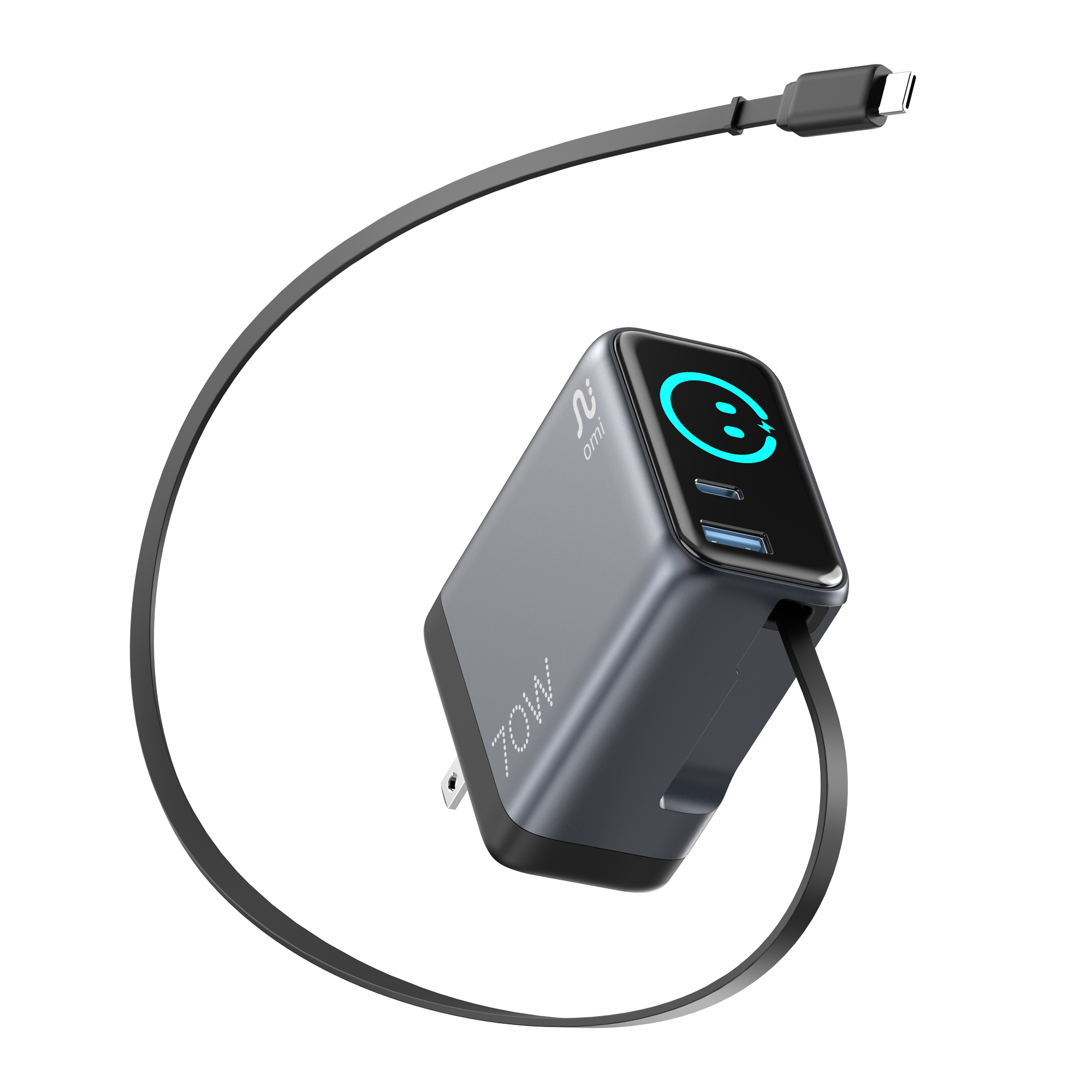 OMI 70W GaN Charger (Interactive Display &  Retractable USB-C Cable)
