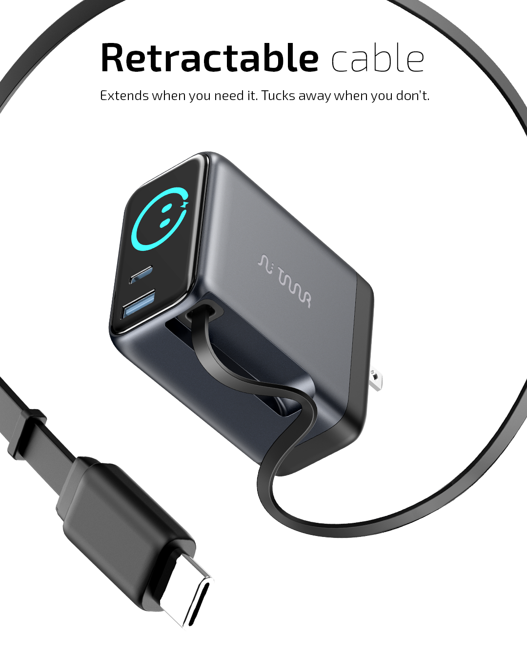 OMI 100W GaN Charger (Interactive Display &  Retractable USB-C Cable)