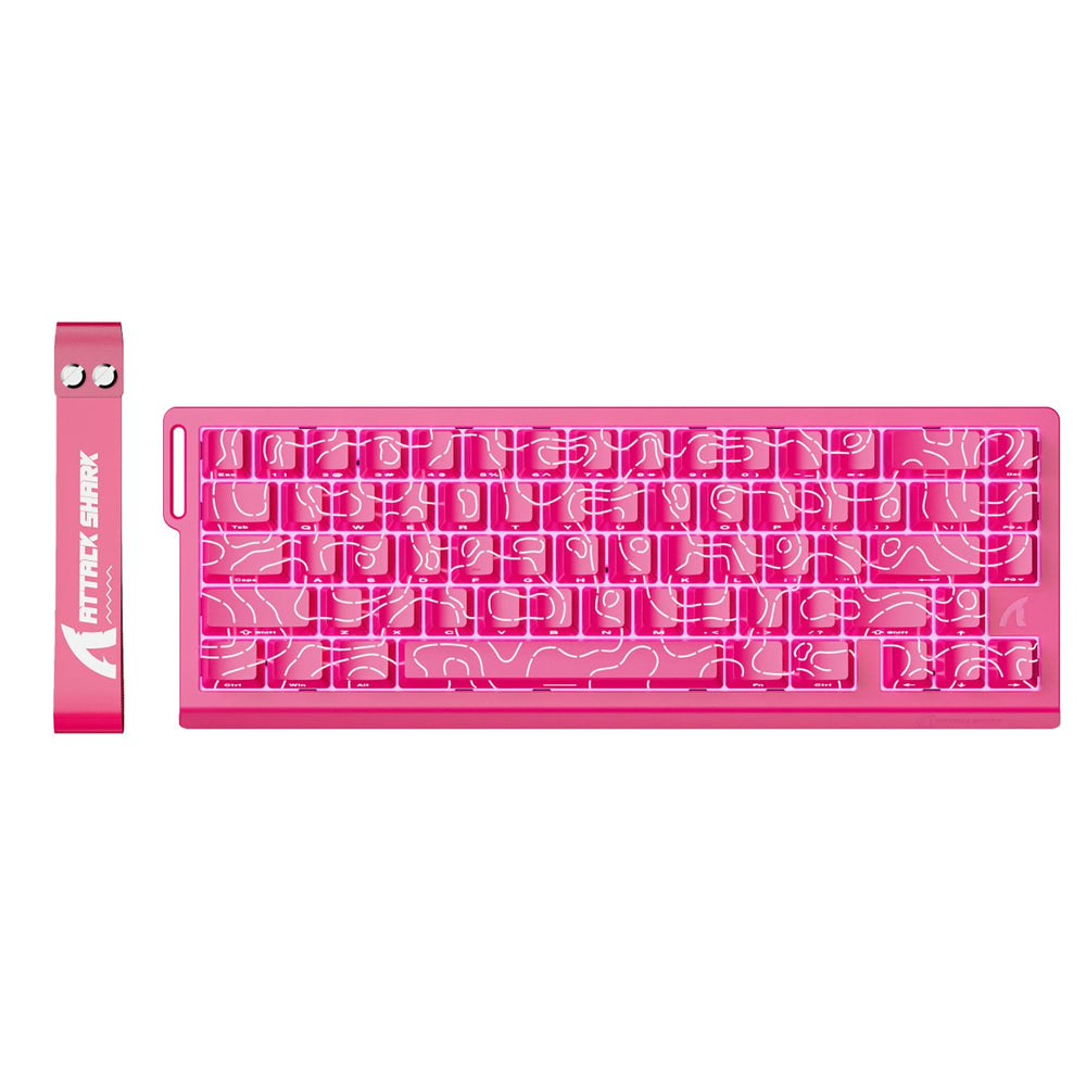 ATTACK SHARK X68 HE pink keyboard with RGB backlighting and detachable wrist rest.