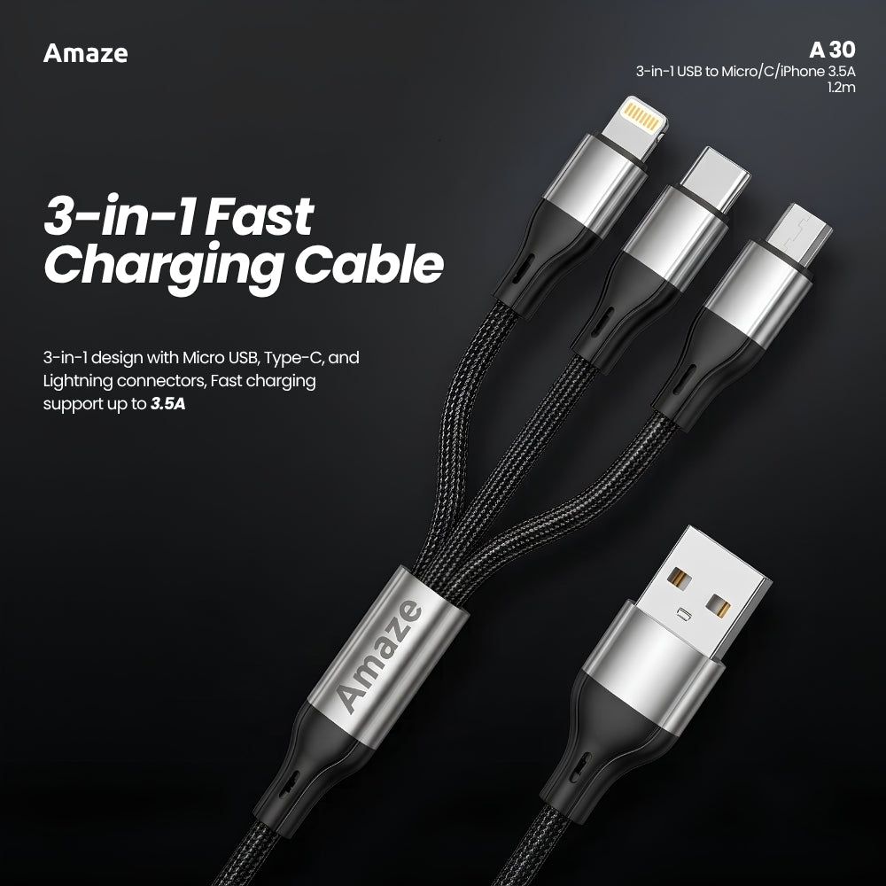 3-in-1 USB to Micro/C/iPhone 3.5A 1.2m – A30