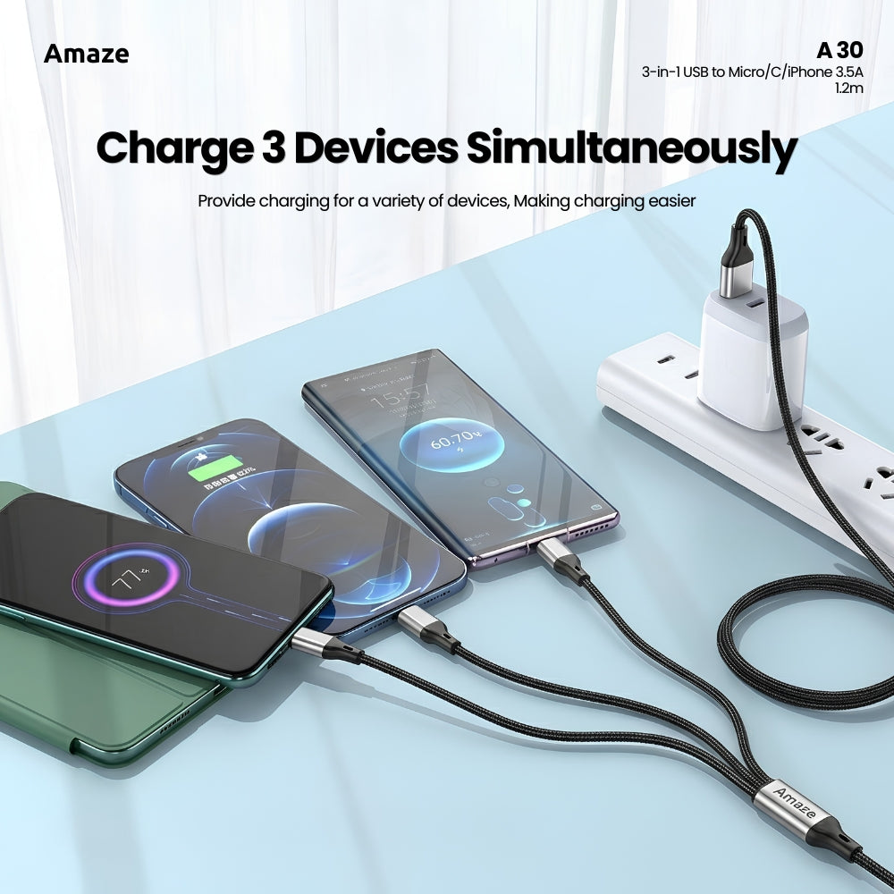 3-in-1 USB to Micro/C/iPhone 3.5A 1.2m – A30