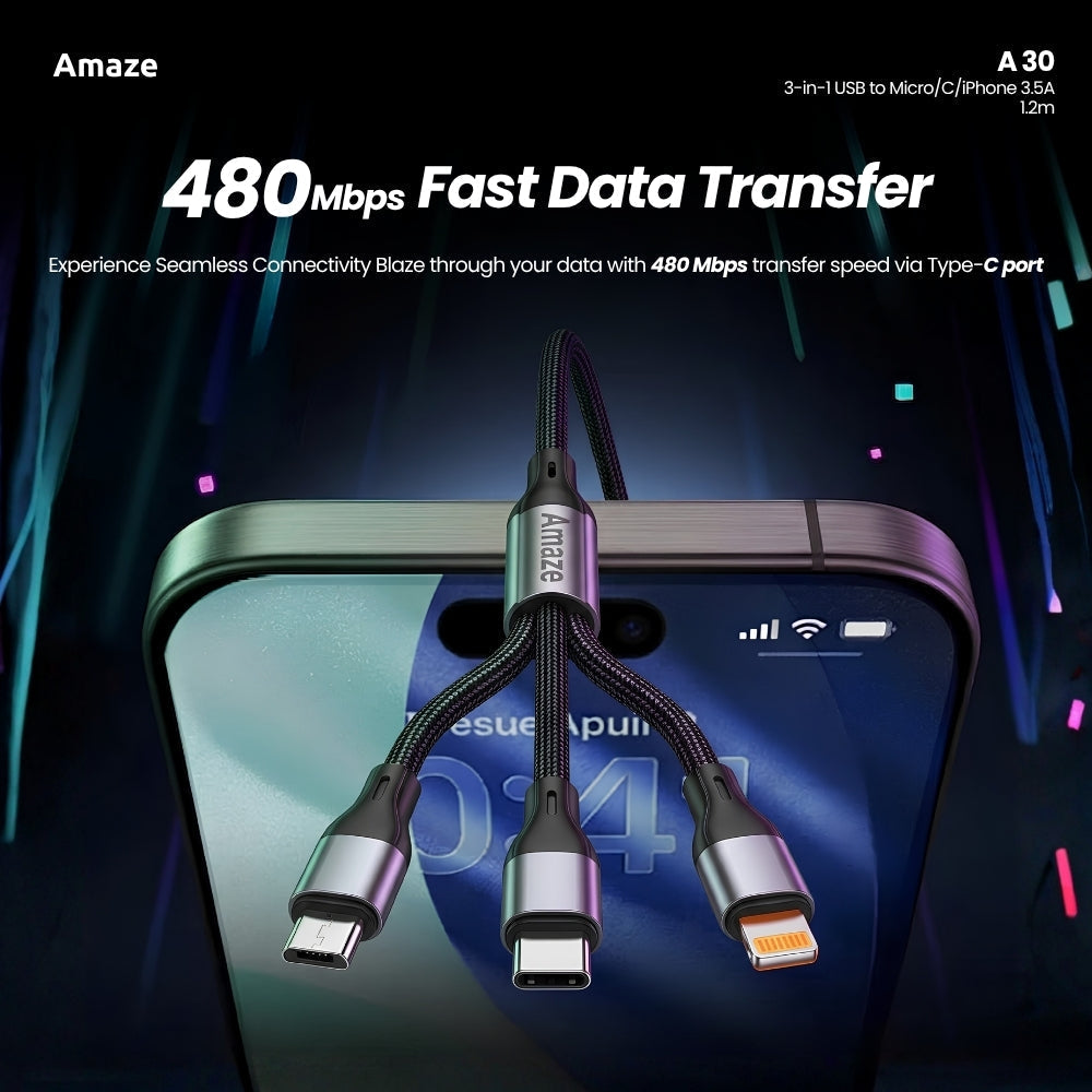3-in-1 USB to Micro/C/iPhone 3.5A 1.2m – A30