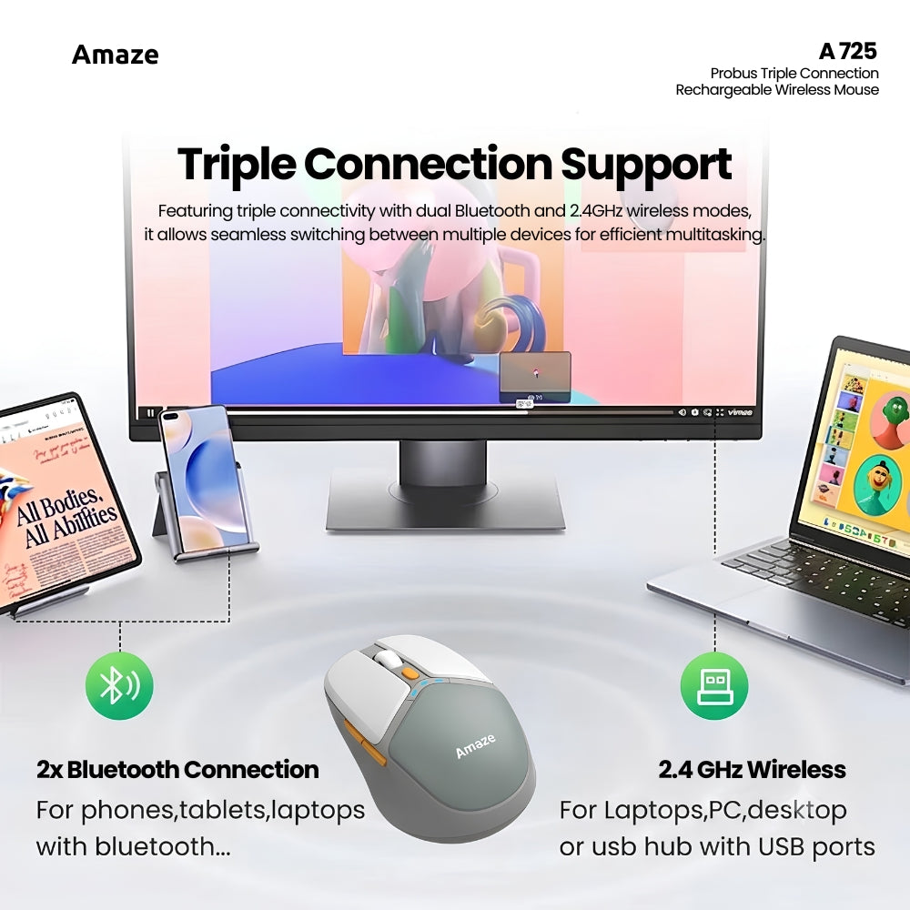 Probus Triple Connection Rechargeable Wireless Mouse – A725