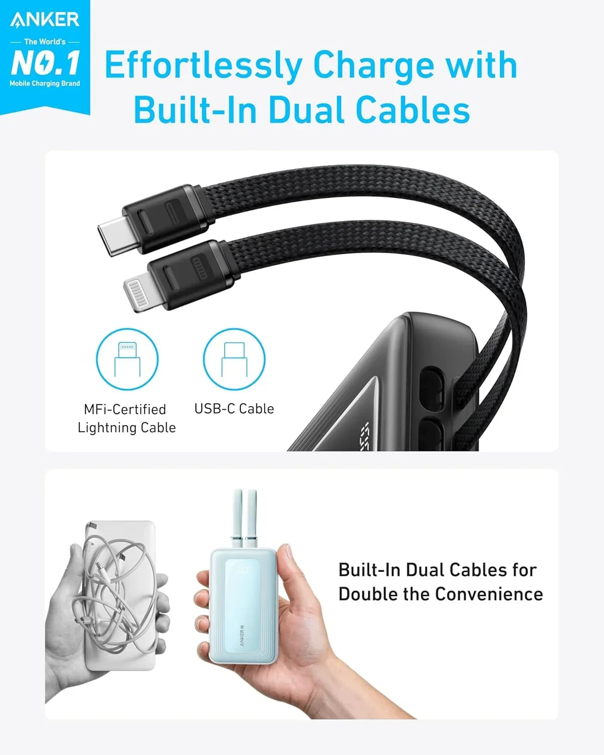 Anker Zolo Power Bank 10K Dual Built-In USB-C Cable