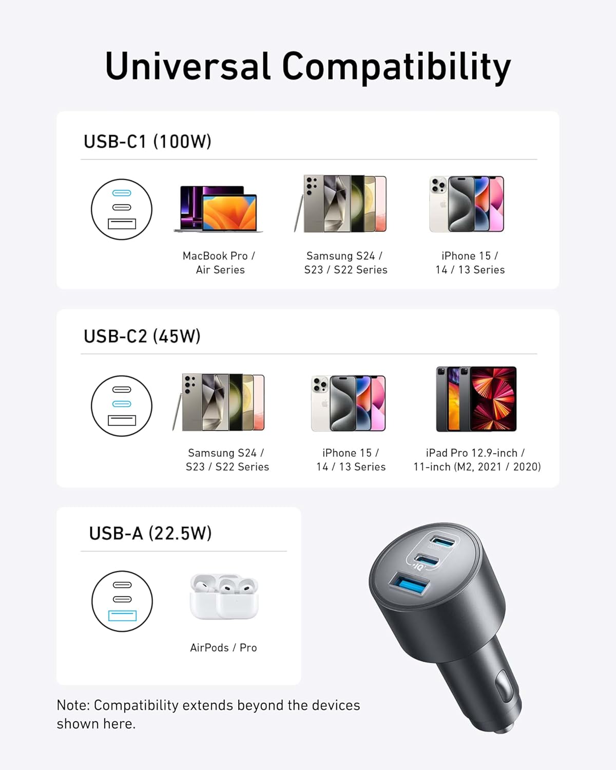 Anker Nano Car Charger 167.5W with USB-C to USB-C 3.3ft Cable