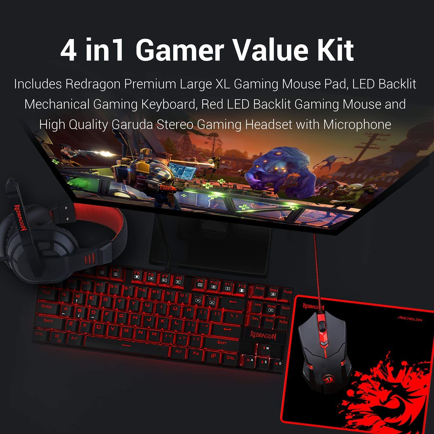 Redragon K552-BB Keyboard, M601 Mouse, P001 Mousepad and H120 Headset Combo Set (4 in 1)