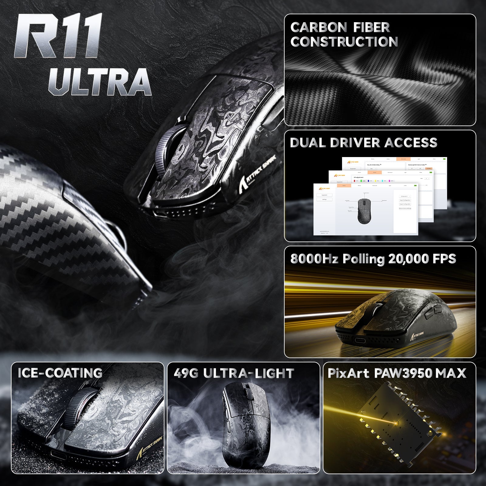 ATTACK SHARK R11 ULTRA Carbon Fiber Wireless 8K Gaming Mouse price in pakistan