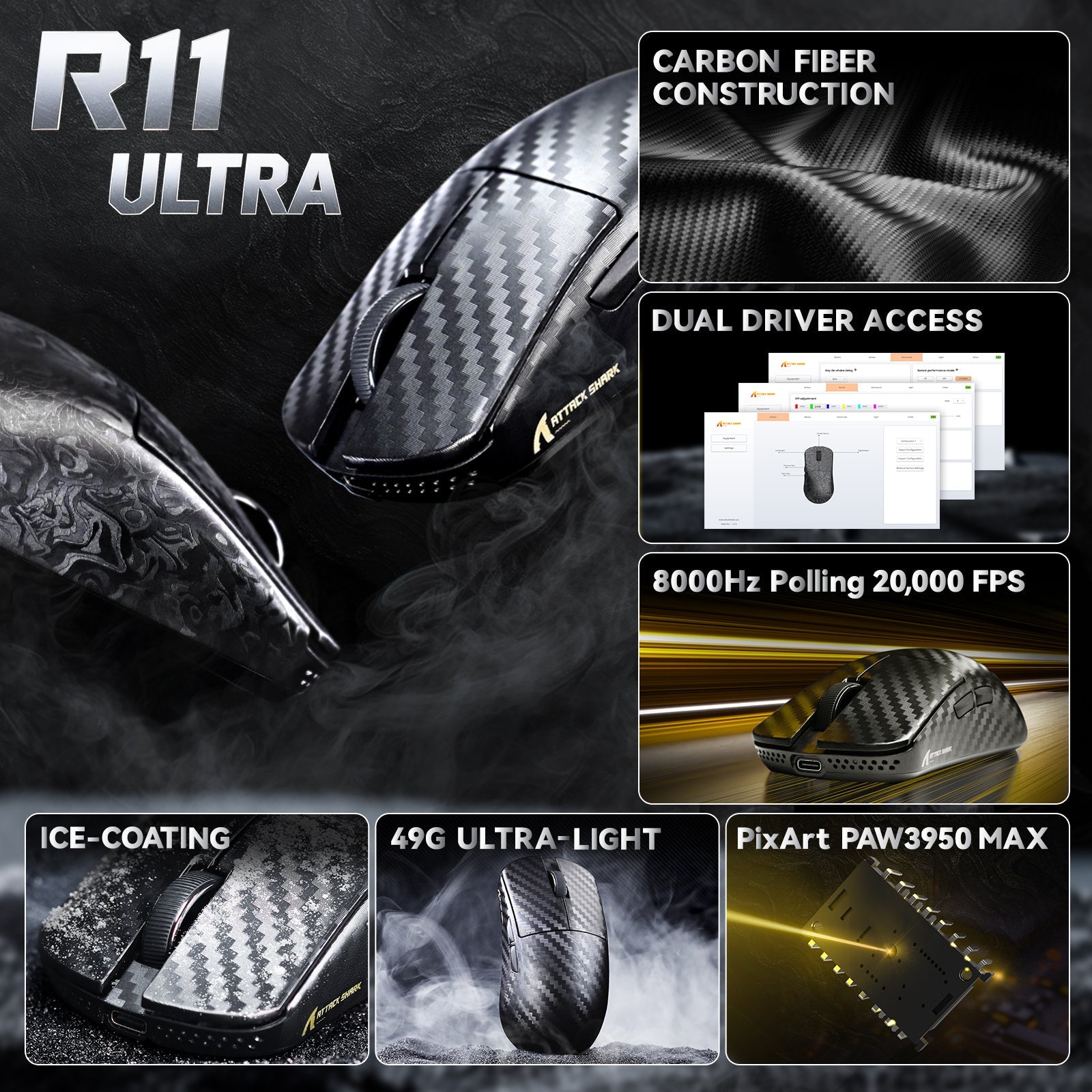ATTACK SHARK R11 ULTRA Carbon Fiber Wireless 8K Gaming Mouse price in pakistan