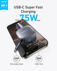 Anker Nano 75W USB-C Car Charger with Built-in Retractable USB-C Cable
