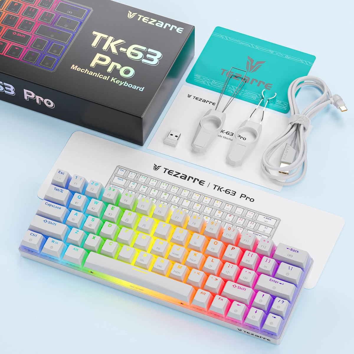 Tezarre Keyboard TK-63 Pro Mechanical Keyboard Tri-mode 60% White