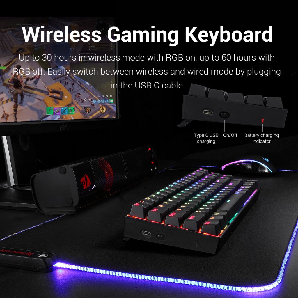 Redragon K599 KRS DEIMOS RGB Wireless Mechanical Gaming Keyboard with Red Switches (Black)