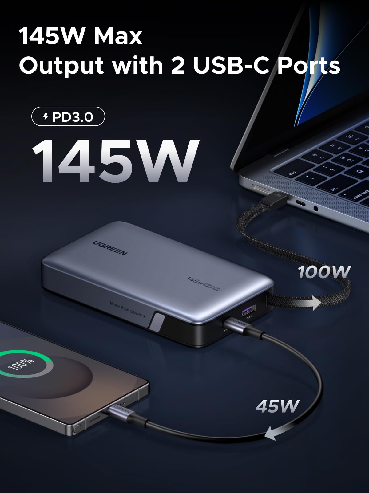 UGREEN 20000MAH 145W Integrated Cable Power Bank 55992B