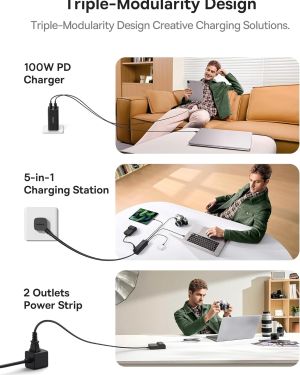 Baseus Charging Station 67W, Detachable Travel Power Strip USB C Fast Charger, 2 Outlets Flat Extension Cord 5ft with 3USB-C & 1USB-A, Portable Charger for MacBook Pro, Cruise Travel Essentials